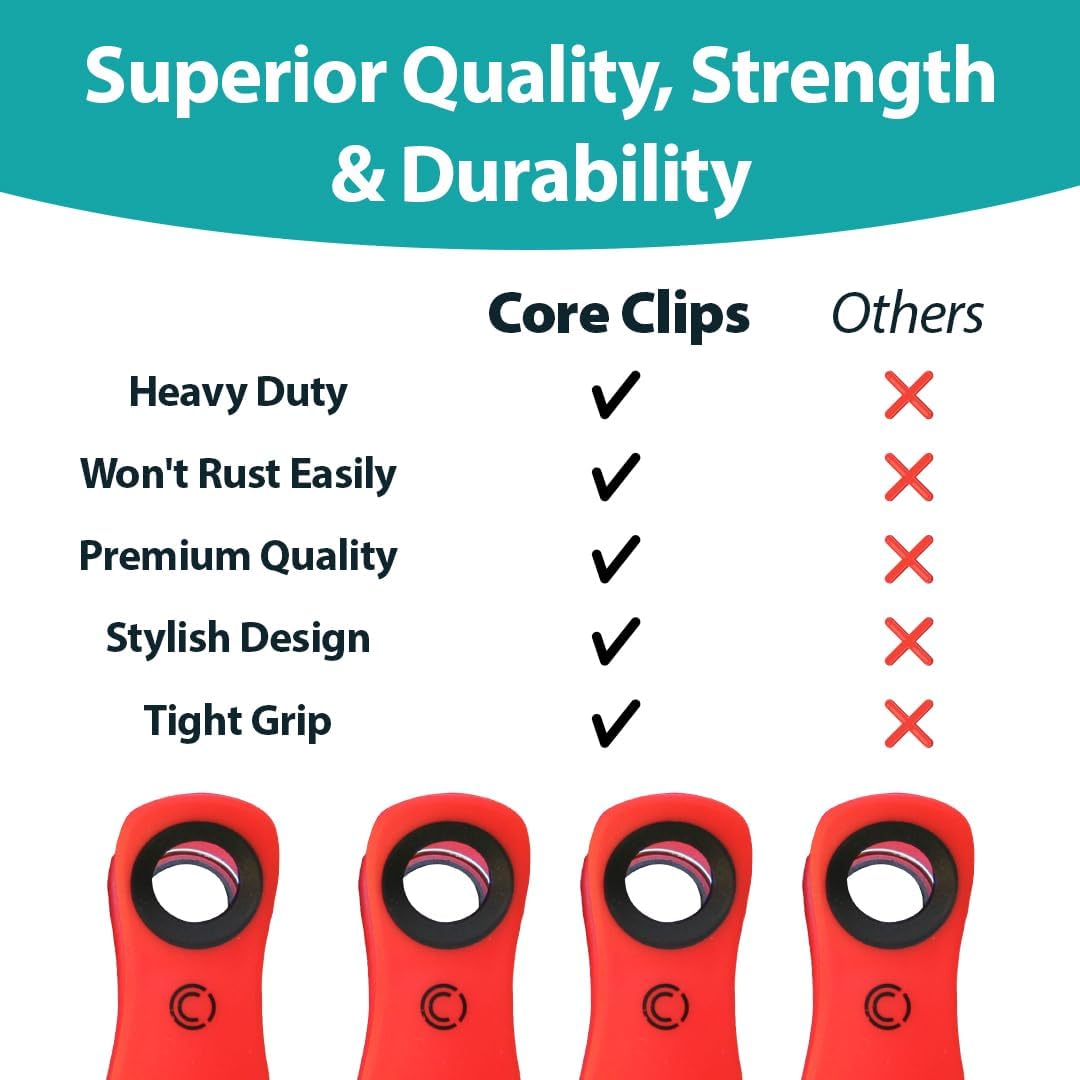 CoreClips Towel Clips for Beach Chairs - Set of 4 Pool Towel Holder Clips for Lounge Chairs on Cruise, Large 2.5” Opening Heavy Duty Clip for Towels on Boat Loungers with Travel Pouch - Red