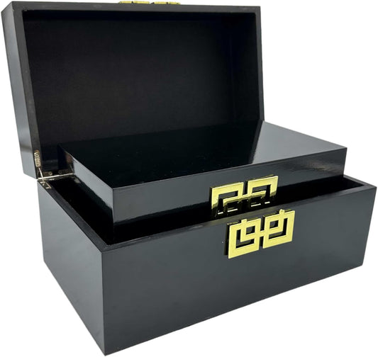 Galt International Storage Box Set Decorative Storage Box w/Hinged Lid Classic Design Wood Decor Boxes with Geometric Clasp Storage for Bedroom & Home - Set of 2 (Black & Gold)