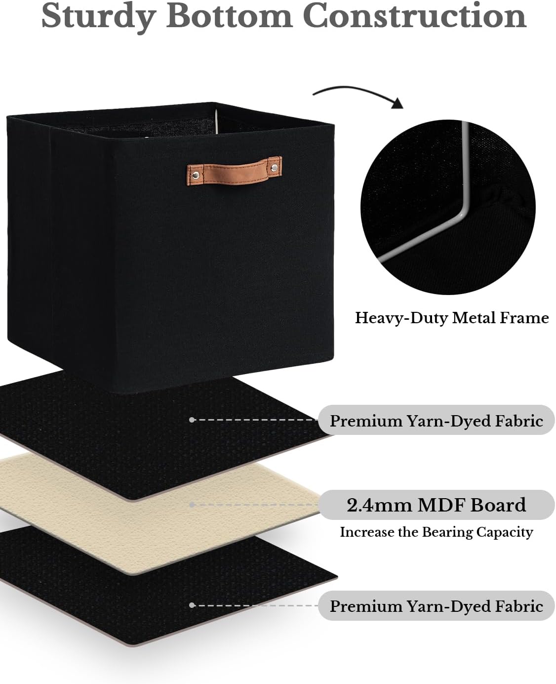 StorageWorks 13x13 Inches Storage Cube, Fabric Storage Bins with PU Handles, Collapsible Organizer Baskets for Closet, Black, 4-Pack