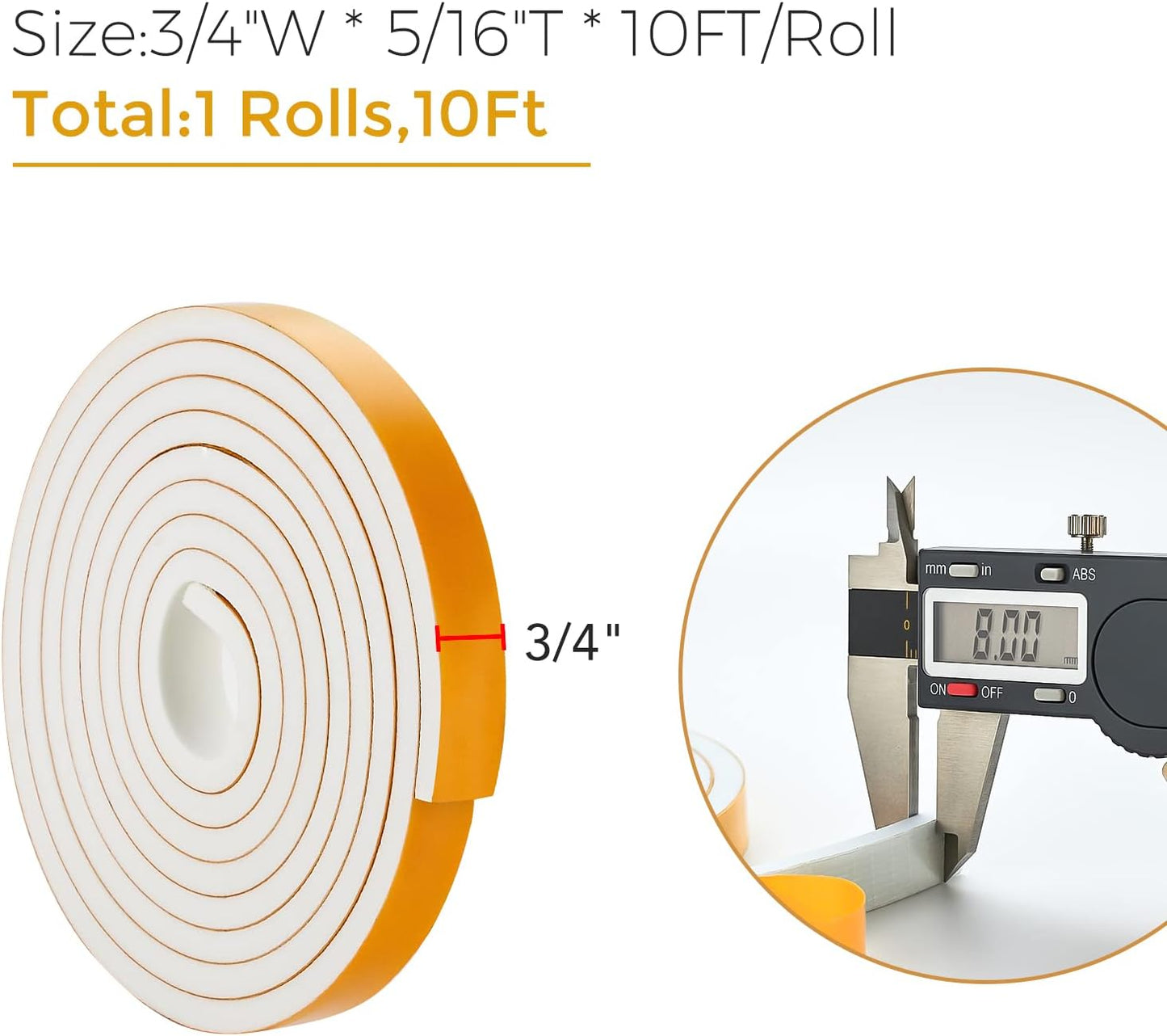 10 Feet Weather Stripping Door Seal, 3/4" Wide X 5/16" Thick Door Seal Strip High Density Foam Tape Adhesive Strip for Door Soundproofing,Window Insulation (3/4" x 5/16" x 10FT,White)