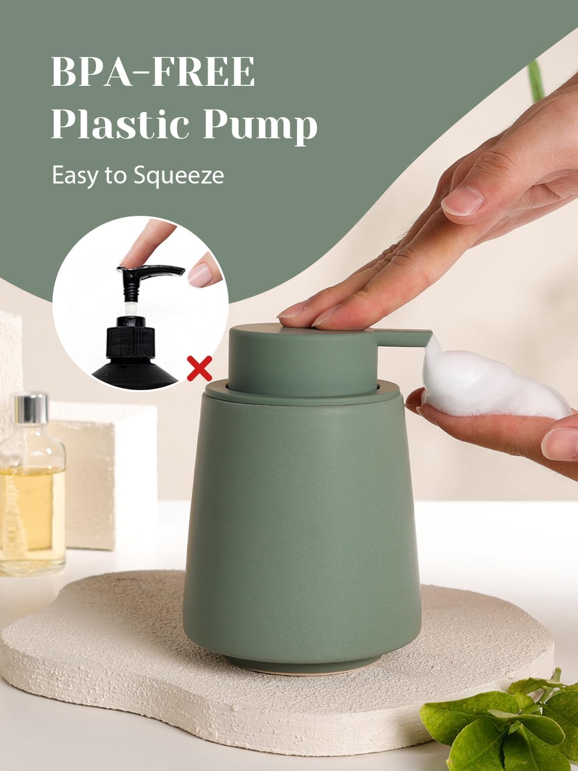 INGOFIN Ceramic Foaming Soap Dispenser -14 oz Foam Hand Soap Dispenser Bathroom Modern Refillable Dish Wash Bottle for Kitchen with Large Pump Matte Green