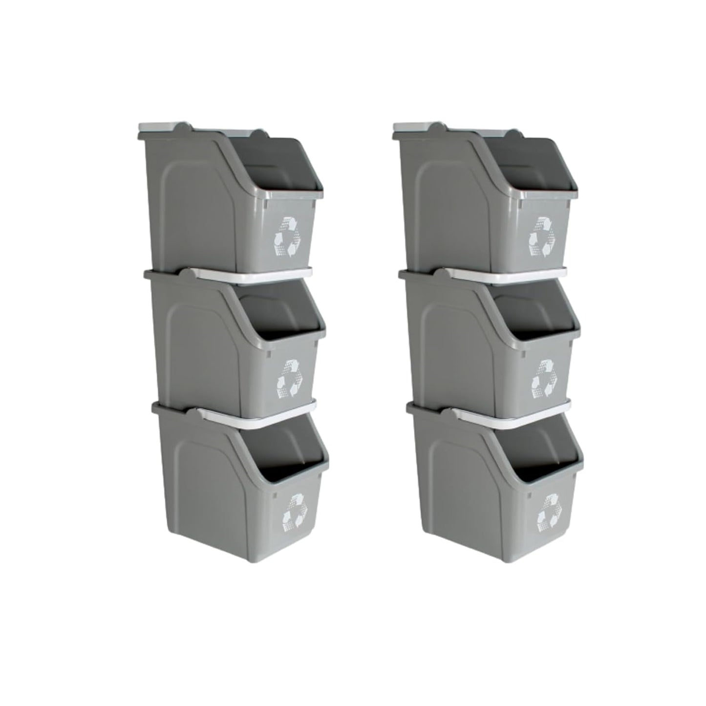 Multi Recycling Bin System with Three Stacking 6 Gallon Bins with Carrying Handles, Stackable and Compact for Offices, Homes, Garages, Businesses - (Grey, 6 Pack)