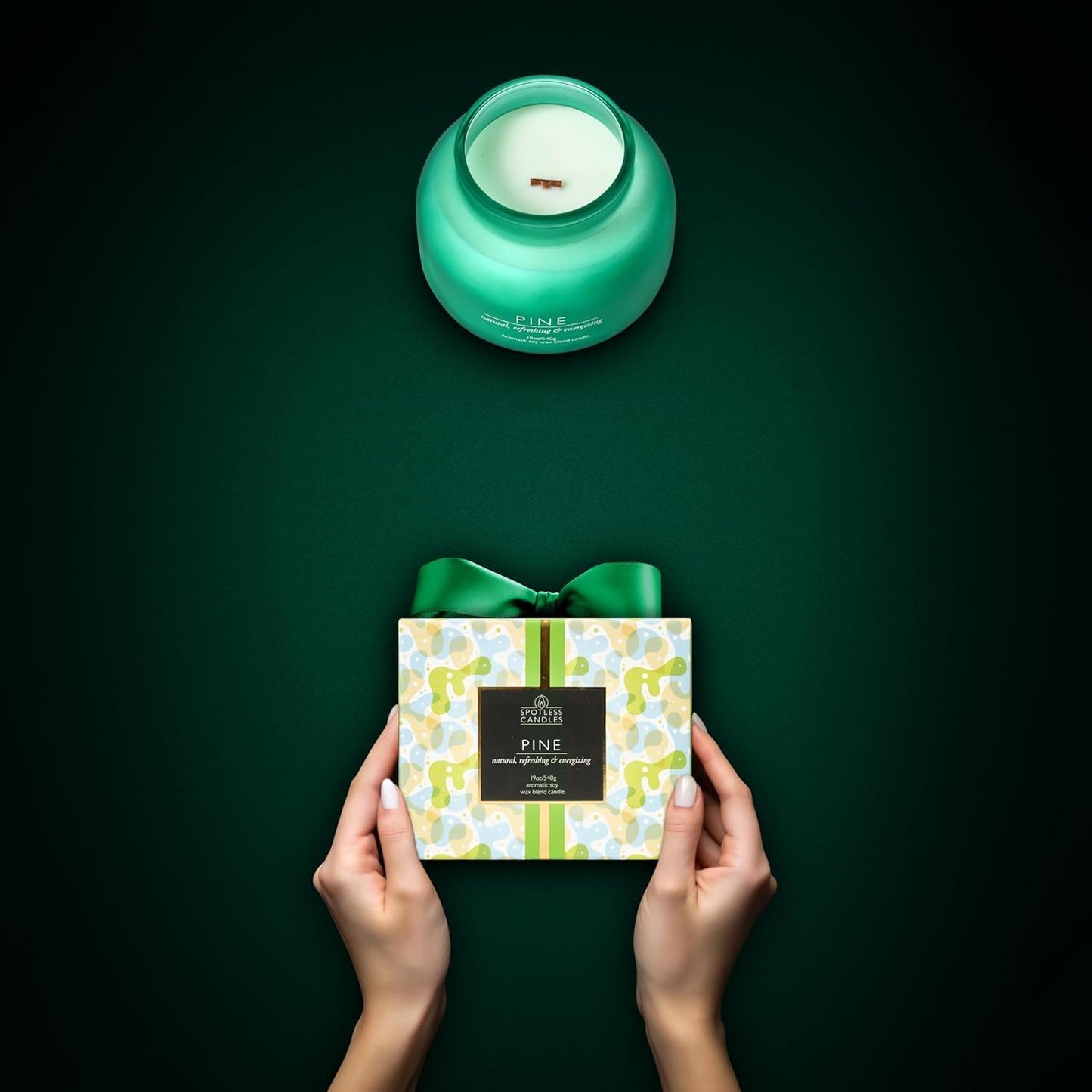 Pine Candle Large Volcano Jar -19oz 4"x5" Giant Candle with Wooden Wick, Gold Leaf Foil Gift Box & Highly Protective Shipping Box - Spotless Leopard