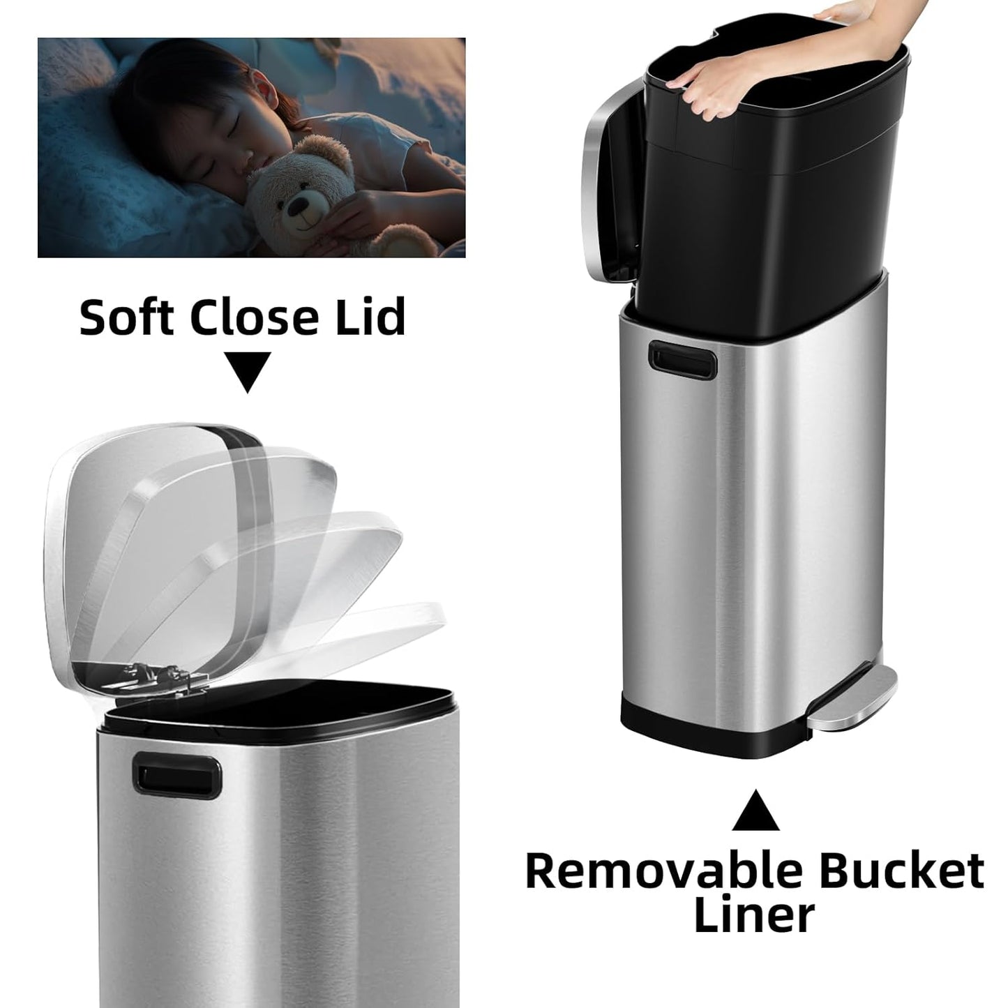13 Gallon Trash Can with Lid, 50L Fingerprint Proof Stainless Steel Kitchen Trash Can with Removable Inner Bucket and Lid Soft Close, Pedal Rubbish Bin for Home Office