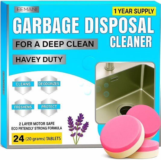 Garbage Disposal Cleaner Tablets 24 Pack – 20g Large Foaming Lavender Scent, Sink & Drain Freshener for Kitchen, Deep Cleaning – 1 Year Supply
