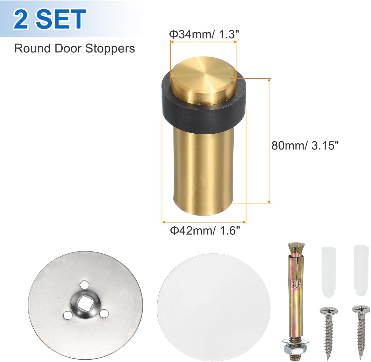 PATIKIL 2Set Round Door Stoppers, 80mm Stainless Steel Door Stop Doorstop Wedge Metal Cylinder Self Adhesive with Screw for Bottom of Door Floor Inside, Gray