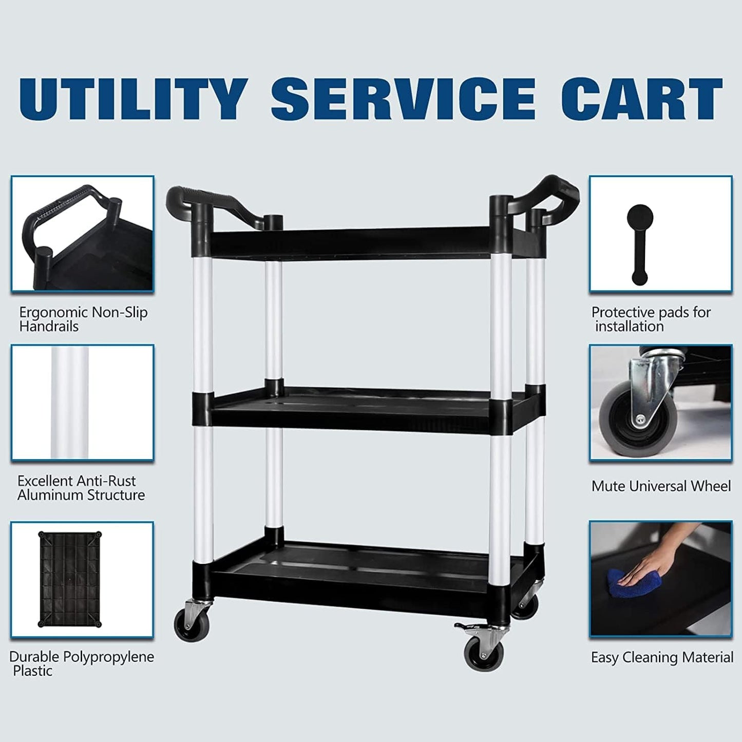 Service Cart with Wheels Lockable Large Size, Plastic Restaurant Cart Heavy Duty, Utility Commercial Cart for Office, Warehouse, Foodservice,40.1" L x 19.2" W x 38.5" H. Black (Large)