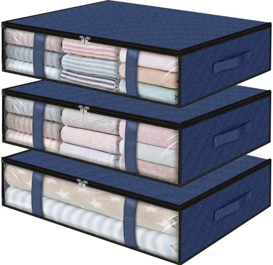 StorageRight Under Bed Storage Bins, 3-Pack 40L Foldable Fabric Storage Bags with Transparent Window, Breathable Organizer for Clothes/Blanket/Comforter/Quilt, Blue