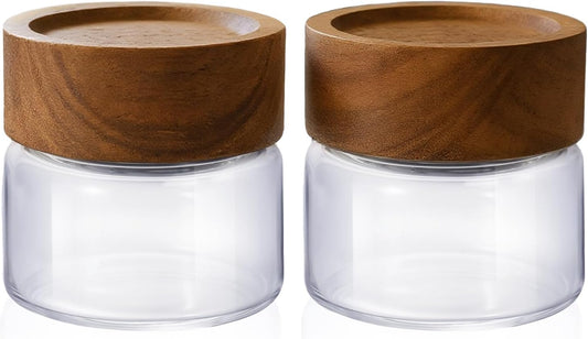 2-Pack 4 oz Leakproof Mason Jars with Airtight Acacia Wood Lids - Small Glass Food Storage Containers for Overnight Oats, Spices, Snacks, Kitchen Pantry Organization