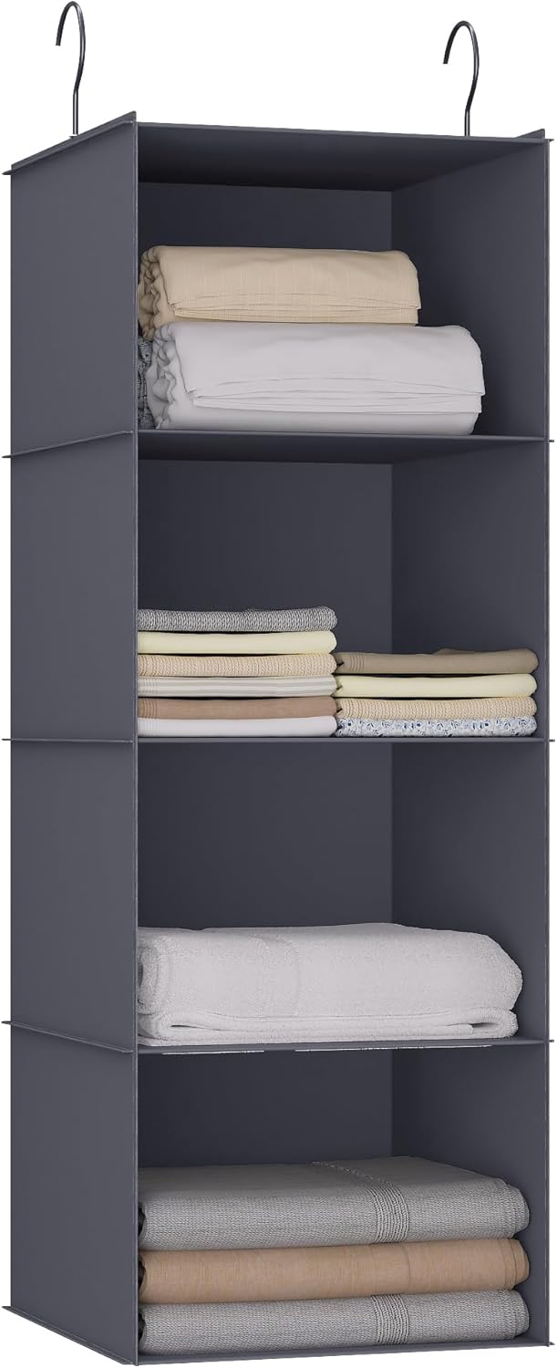 Hanging Closet Organizer, Easy Mount Foldable 4-Shelf Hanging Closet Wardrobe Storage Shelves, Clothes Handbag Shoes Accessories Storage, Washable Oxford Cloth Fabric, Dark Grey