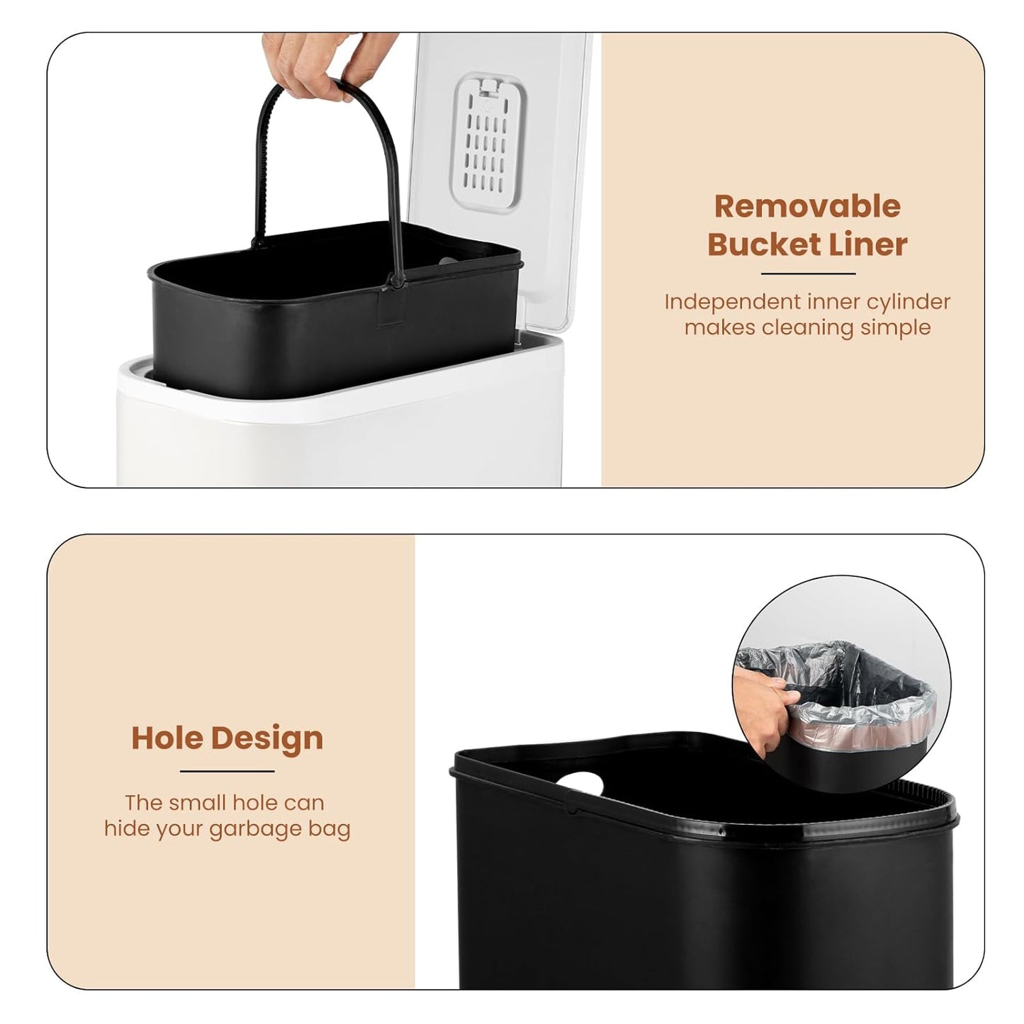 BETHEBEST Bathroom Trash Can with Lid,Stainless Steel Garbage Can with Removable Inner Bucket,Soft Close,Step Pedal,15 Liter/4 Gallon Trash Can for Bathroom,Bedroom,Kicthen,Office(White)