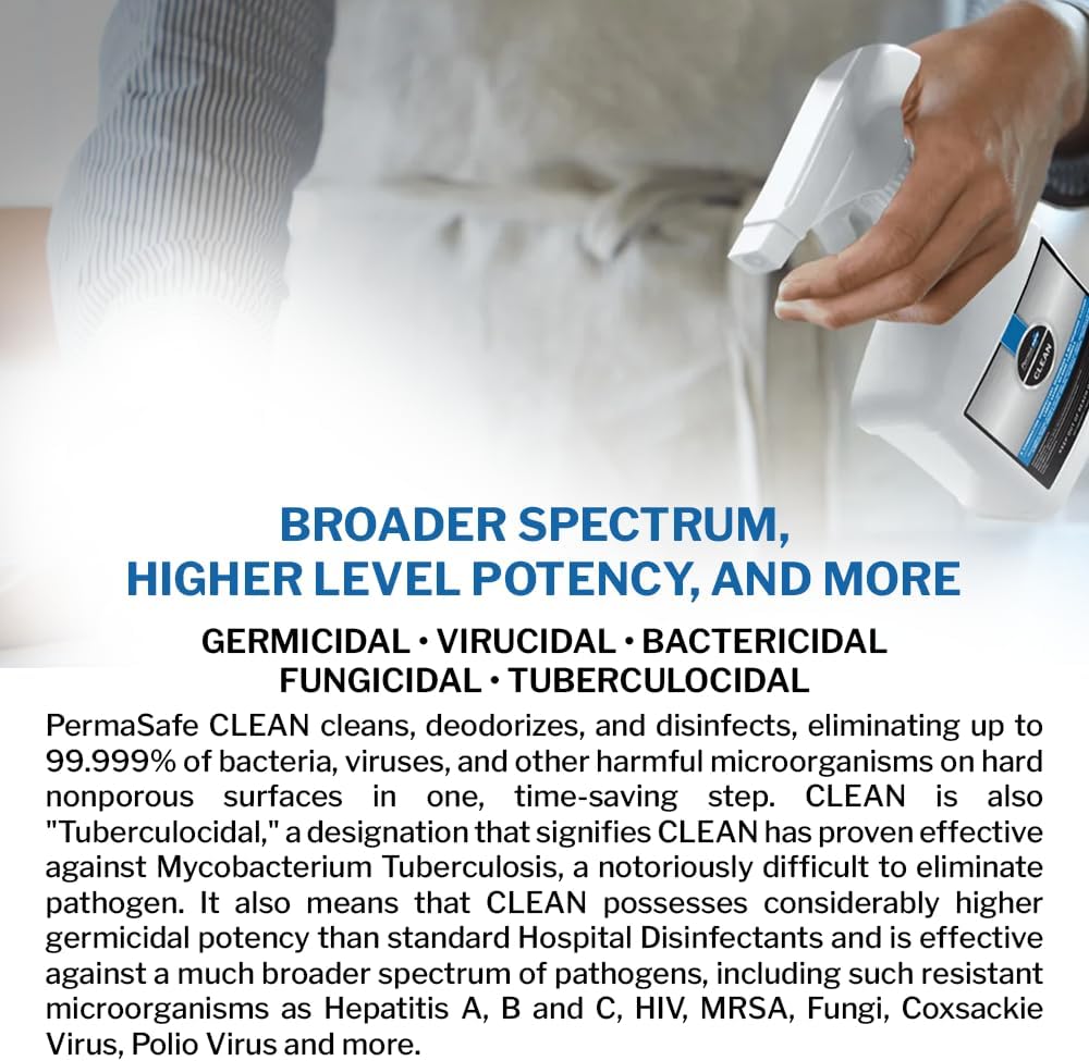 PermaSafe CLEAN, All-Purpose Hospital Disinfectant Cleaner; No Rinse, Hard, Soft & Food Contact Surface Sanitizer; Mold, Mildew and Fungi Killer; Odor Eliminator; Allergen Remover & More-3 Fl Oz-2 Pk