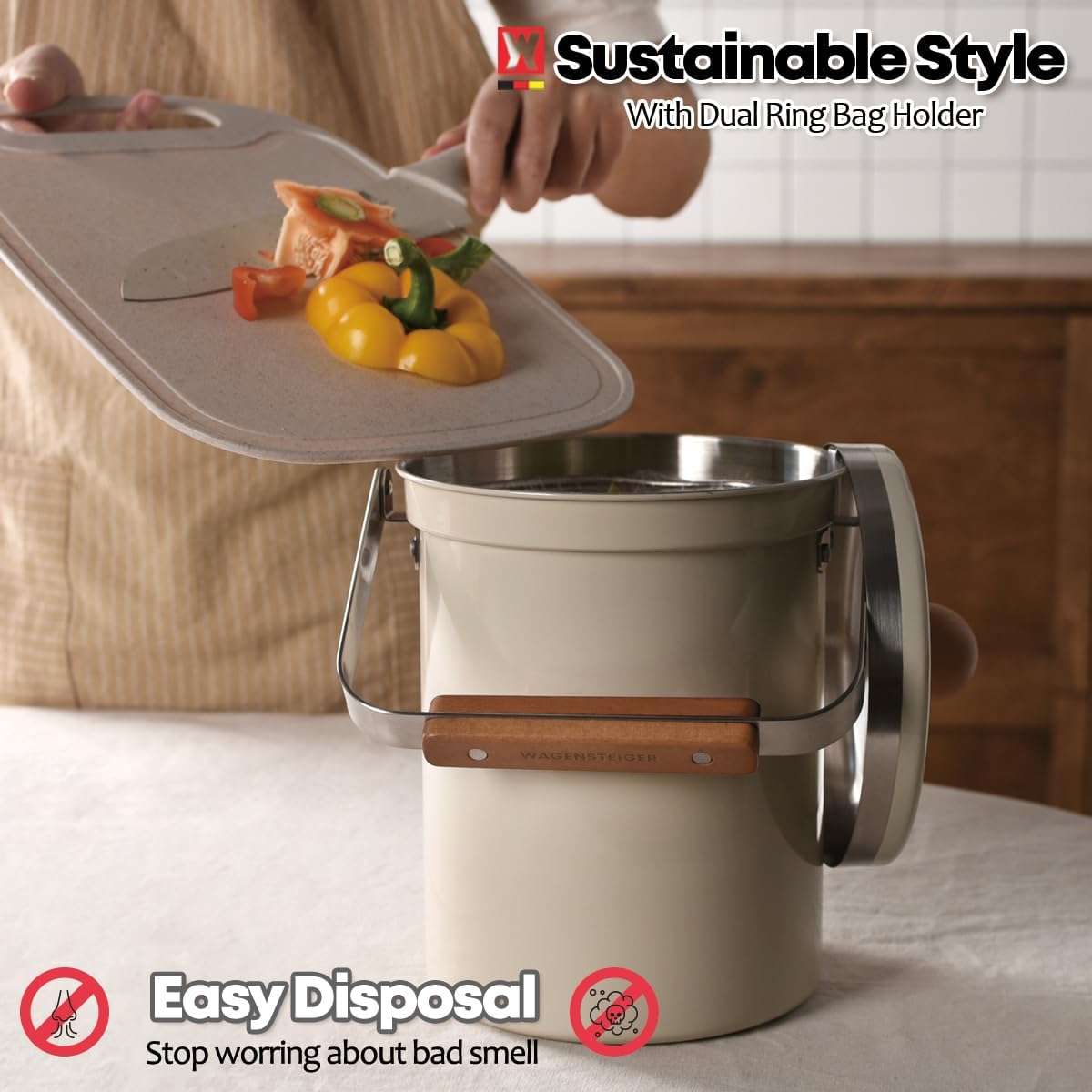 Kitchen Countertop Compost Bin 101ounces / 3Liters, Airtight Lid SUS304 Stainless Steel Odor-Free Food Waste Bin with Wooden Handle Stylish Design Bathroom Trash Can (Off-White)