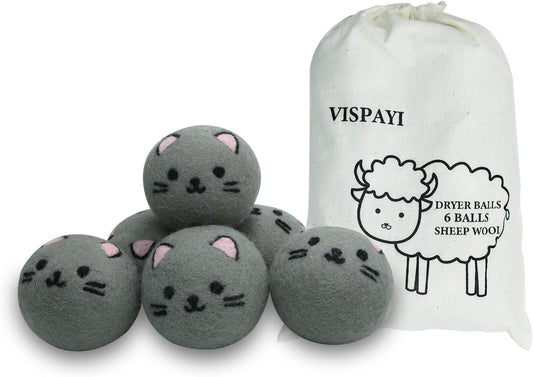 Dryer Balls Laundry Reusable - XL Wool Dryer Balls - Handmade Cute Cat Shape 6 Pack, Extra Large Dryer Balls, Shorten Drying Time, Organic Wool - Dry 1000+ Loads