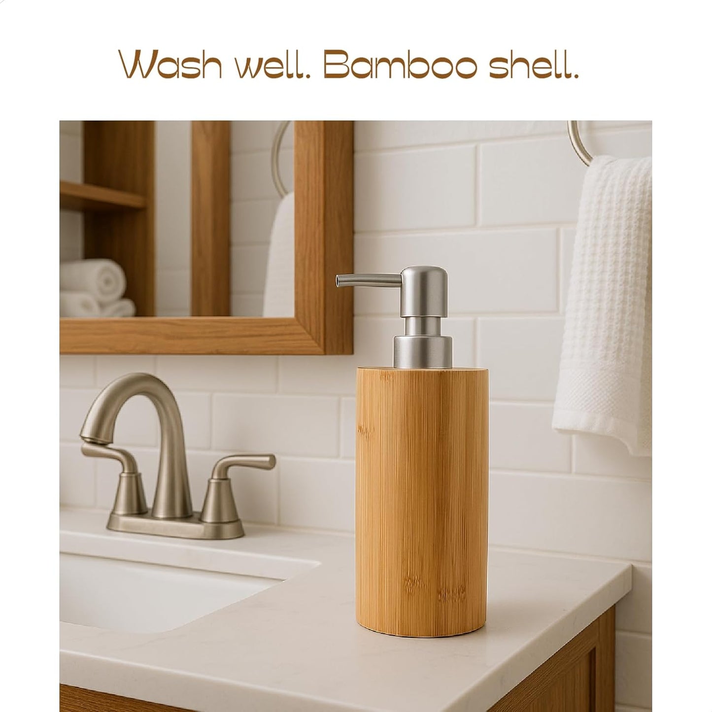 Natural Bamboo Liquid Soap Dispenser, 10 oz with Silver Plastic Pump, Refillable Hand Soap Dispenser for Bathroom or Kitchen