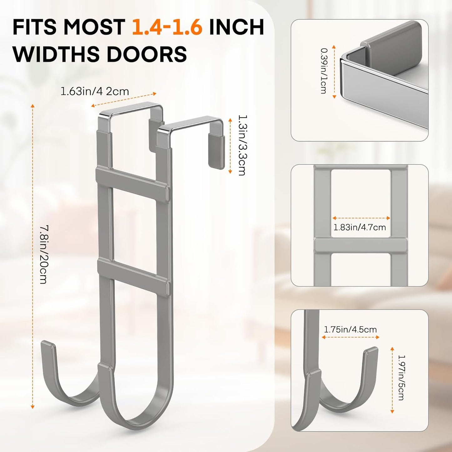 FYY Over The Door Hooks - 4 Pack Heavy Duty Dual-Hook Organizer Hanger with Non-Slip Rubber for Towels, Clothes, Hats & Bags Use in Bathroom, Bedroom, Kitchen - Fits Interior Doors Up to 1.6" Grey