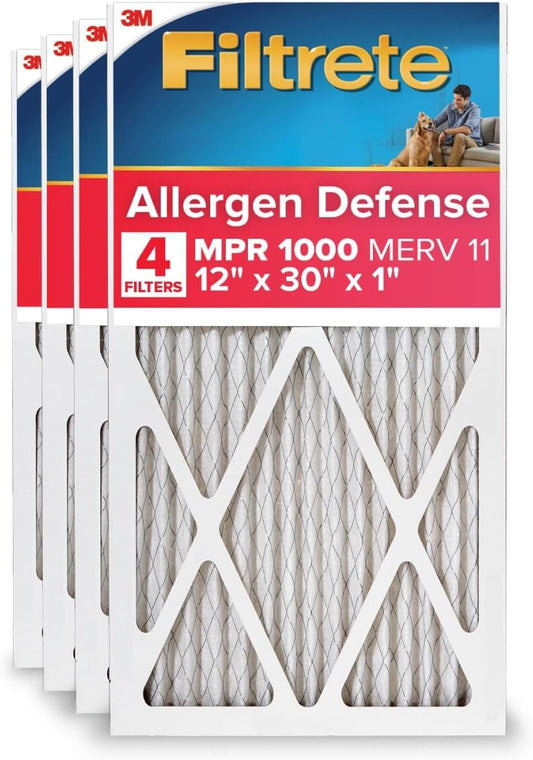 Filtrete 12x30x1 AC Furnace Air Filter, MERV 11, MPR 1000, Micro Allergen Defense, 3-Month Pleated 1-Inch Electrostatic Air Cleaning Filter, 4 Pack (Actual Size 11.81 x 29.81 x 0.81 in)