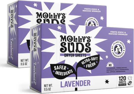 Molly's Suds Fabric Softener Dryer Sheets for Sensitive Skin | Plant-Based Static Reducer, Plastic-Free Packaging | Bundle of 2, Lavender (240 Sheets Total)