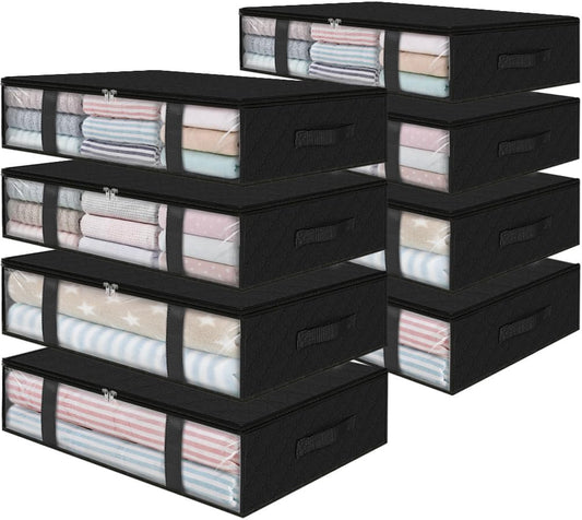 StorageRight Under Bed Storage Bins, 8-Pack 40L Foldable Fabric Storage Bags with Transparent Window, Breathable Organizer for Clothes/Blanket/Comforter/Quiltr, Black
