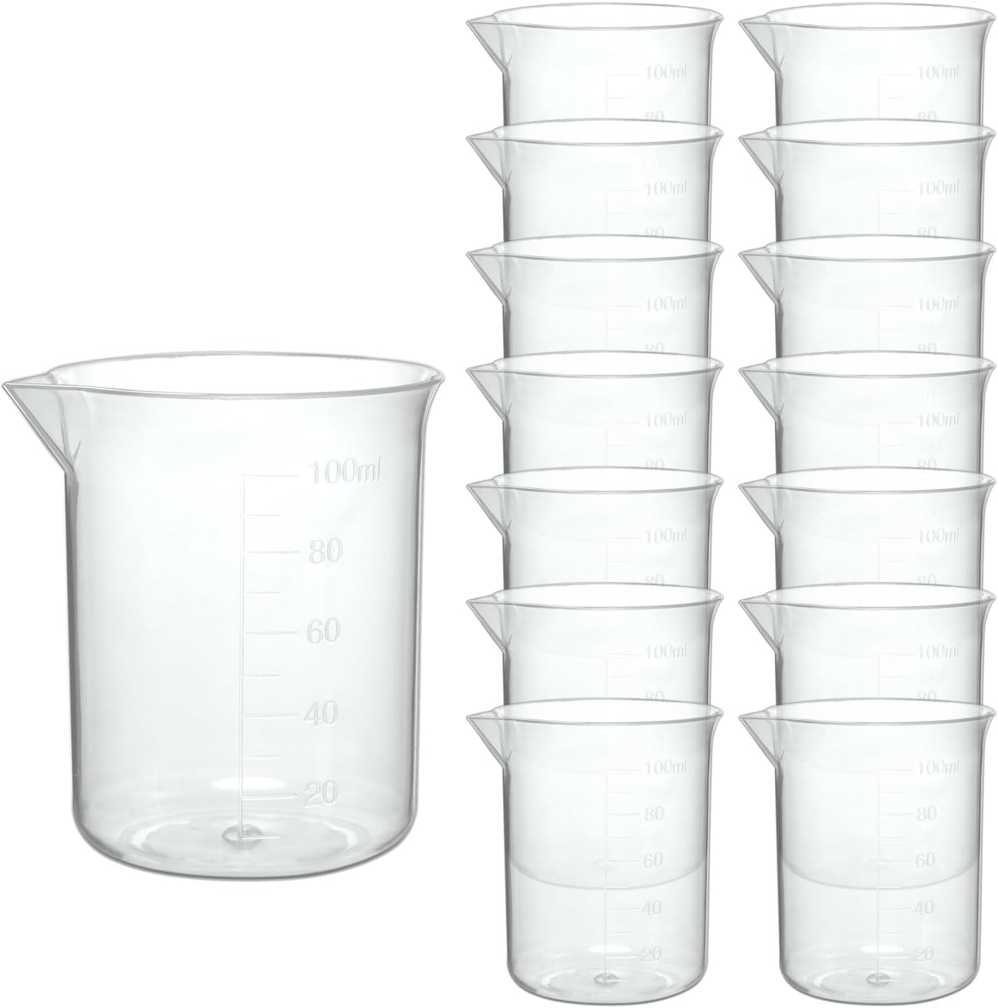 Plastic Measuring Cups, 100ml, Set of 15, for Liquid Measurement and Scientific Experiments
