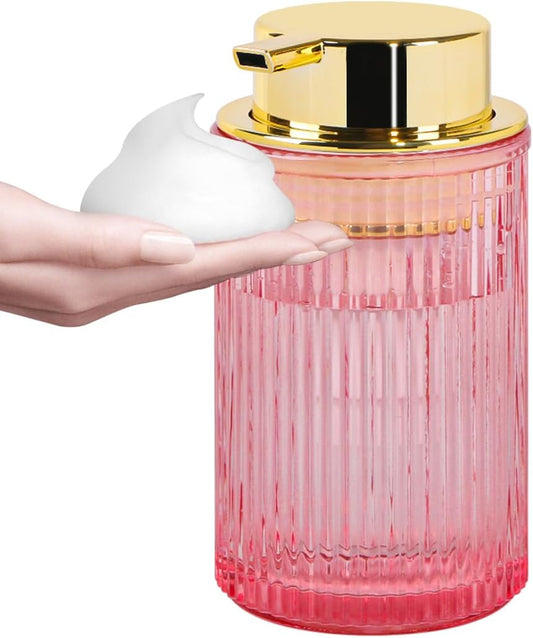 Pink Foaming Soap Dispenser, 12 Oz Glass Foaming Hand Soap Dispenser with Gold Pump, Bathroom Refillable Liquid Lotion Container Pump Ribbed Bottle for Kitchen Bathroom Decor, 1pc