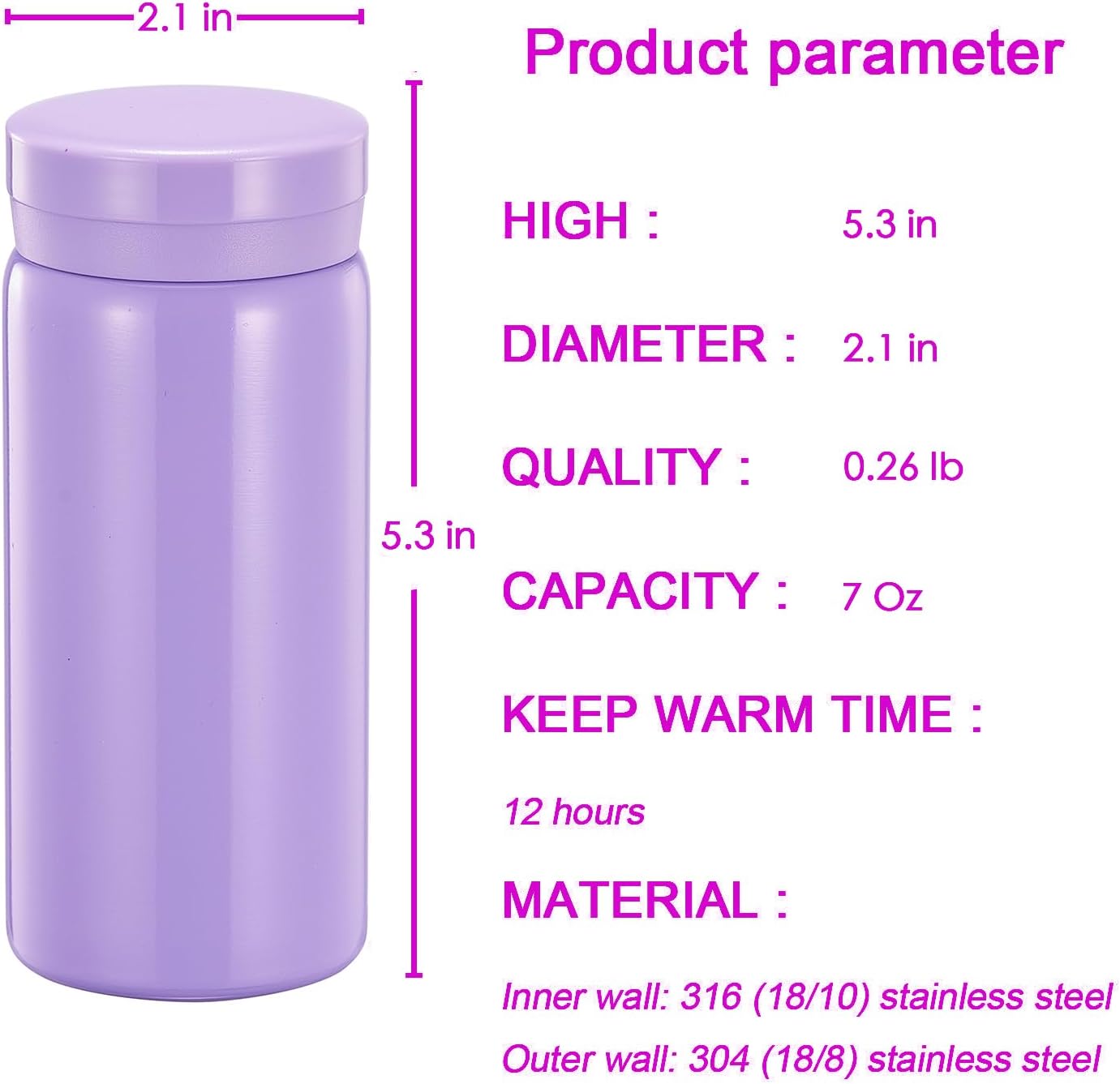 Mini Thermos Cute Water Bottle - 7 oz Tiny Insulated Vacuum 18/10 Stainless Steel Small Flask - Leak Proof & Spill Proof & Keeps Cold and Hot for Drink, Coffee, Tea - Purple