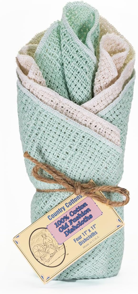 Old Fashion 100% Cotton Dishcloths - Set of 4 Mixed Colors - 2 Mint/2 Natural -11" x 11"
