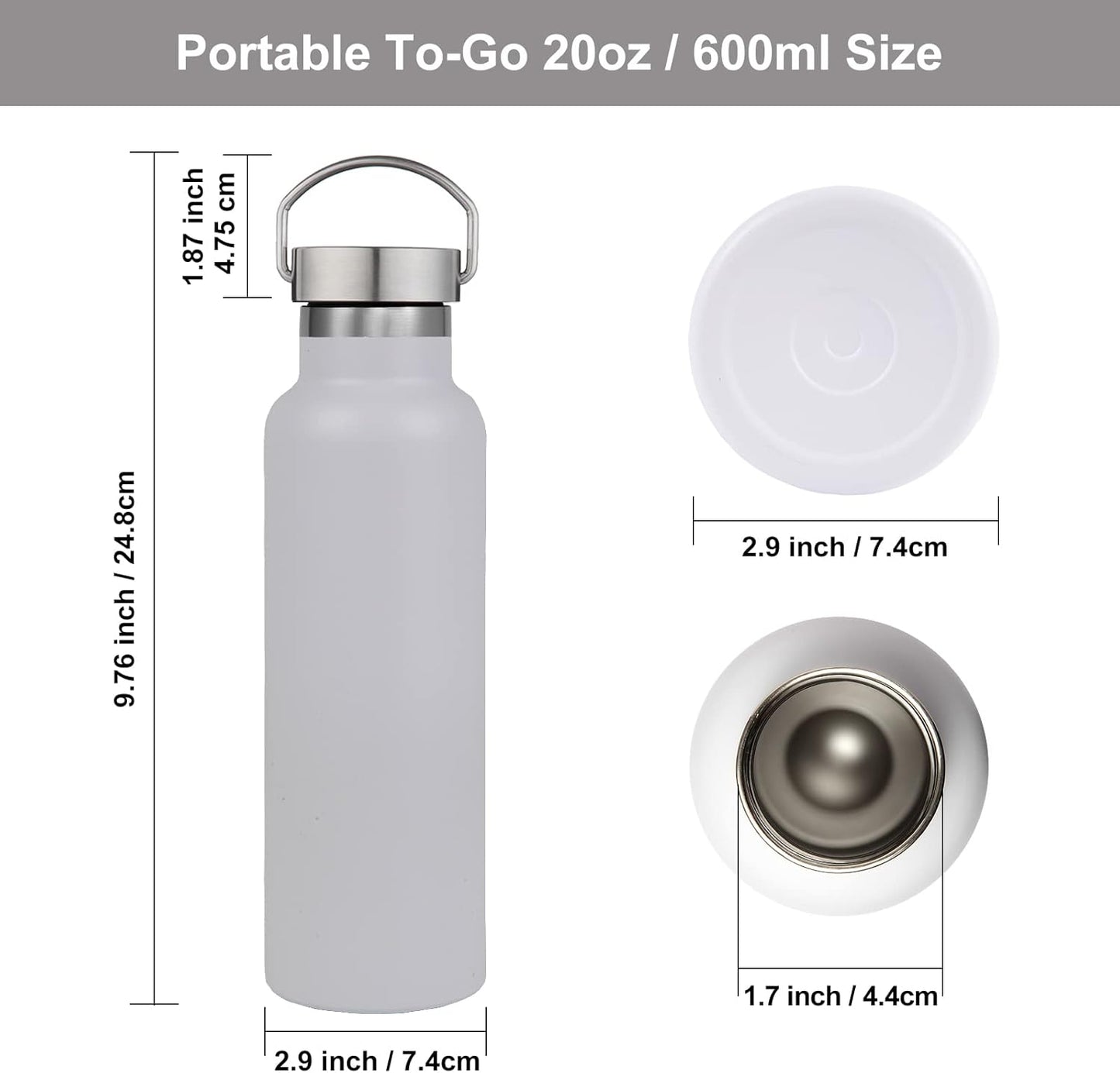 Neihepal 20 oz Insulated Water Bottles Bulk 8 Pack,Stainless Steel Double Wall Sport Bottle with Lid of Handle,Metal Reusable Flask with Cup Cap for School,Hikers,Gift (White,Set of 8)