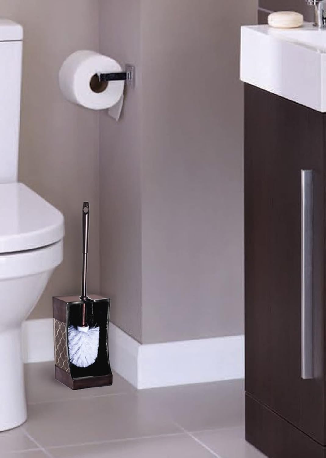 Dahlia Brown Toilet Brush with Holder Set - Bathroom Toilet Bowl Brush and Holder - Decorative Toilet Cleaner Brush - Good Grip Toilet Bowl Scrubber