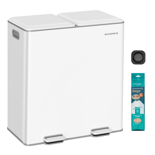 SONGMICS Trash Can, 2 x 8 Gallon (2 x 30 L) Double Garbage Can with Soft-Close Lids, Removable Inner Buckets, Pedals, Stainless Steel, for Waste and Recycling, Cloud White ULTB743W01