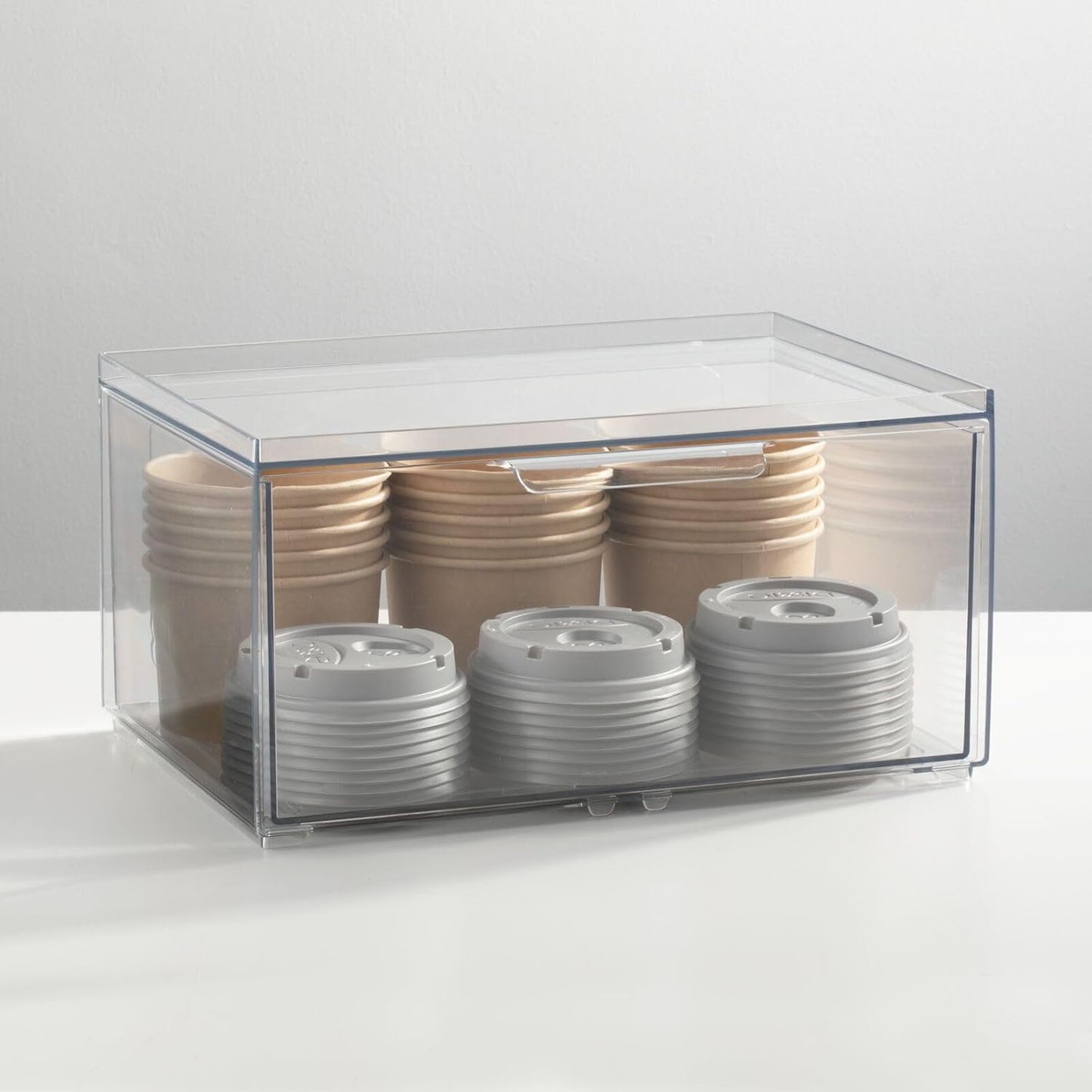 mDesign Plastic Wide Stackable Kitchen Storage Organizer Bin Containers with Front Pull Drawer for Cabinet, Pantry, Fridge, Freezer, Shelf, Refrigerator Organization, Lumiere Collection, 4 Pack, Clear
