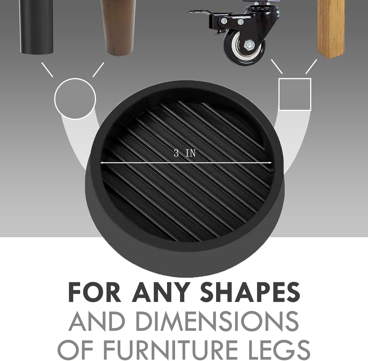 3X3 Round Rubber Caster Cups, Non Slip Furniture Pads, Anti-Slip Gripper, Anti Skid Furniture Feet, Anti Slide Floor Protector for Bed Couch Table Chair Stoppers - Black, 8 Pack