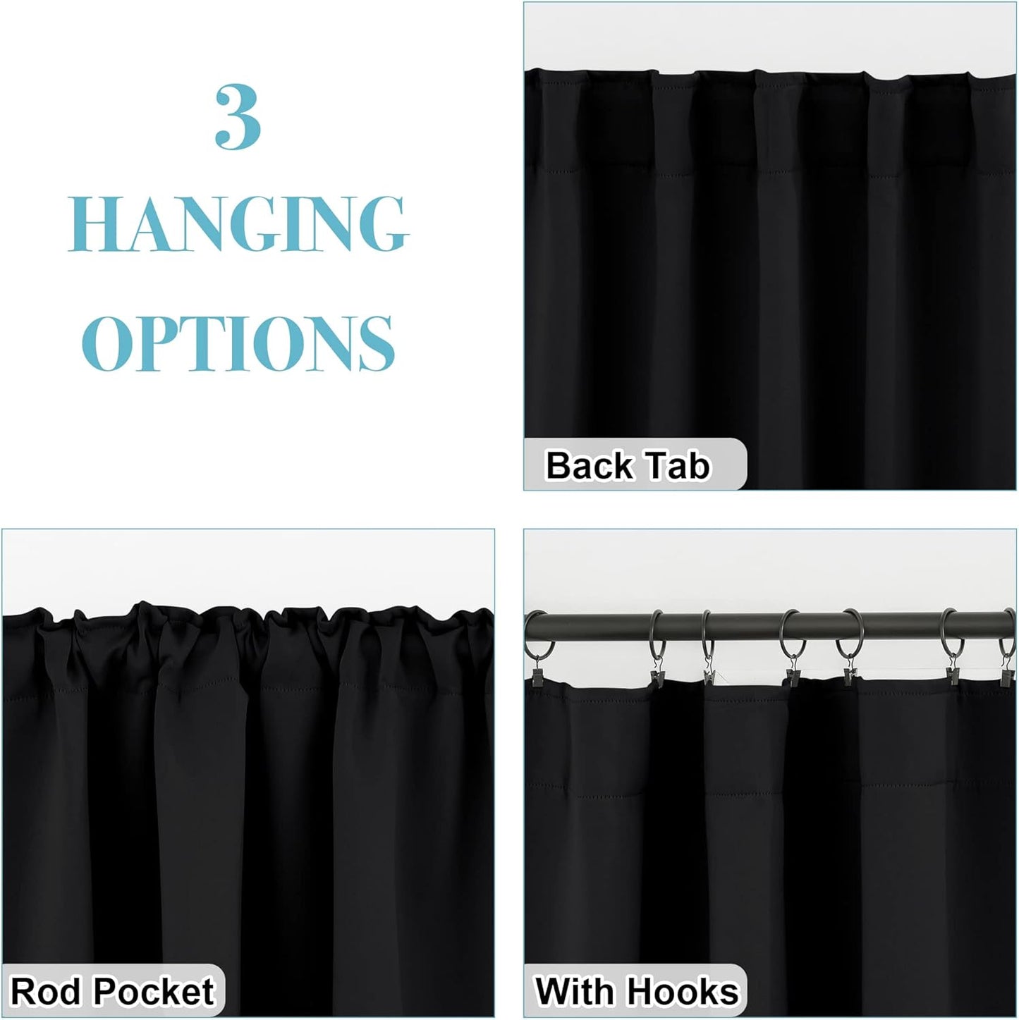 RYB HOME Short Black Curtains for Bedroom, Blackout Thermal Insulated Curtains and Drapes Small Window Treatment Privacy Shades for Kitchen Farmhouse Closet, W42 x L63 inch, 2 Panels
