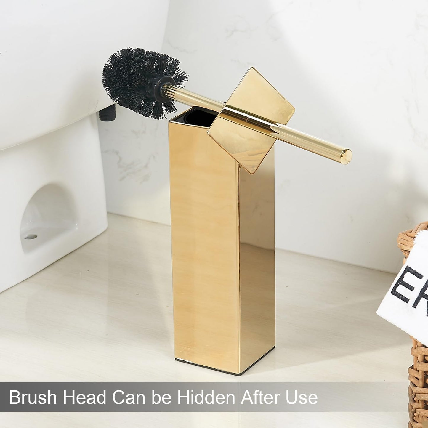 Gold Square Stainless Steel Toilet Brush with Holder, 304 Modern Toilet Brush Set – Rust Resistant, Long Handle, Replacement Heads, Floor Standing Bathroom Toilet Cleaning Brush