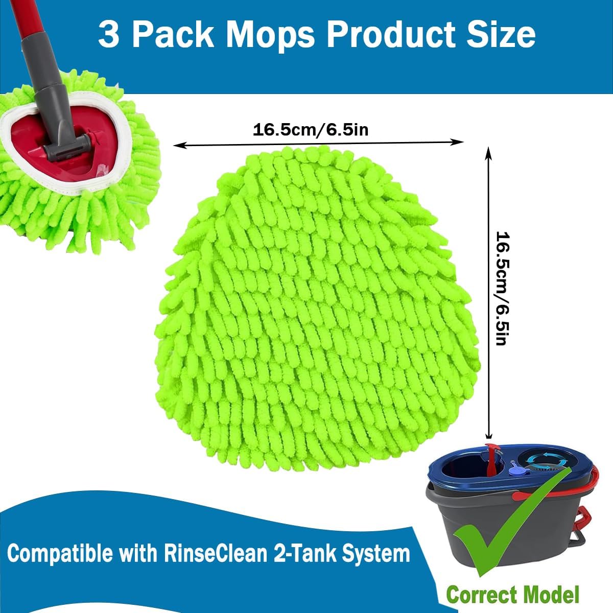 Mop Heads Replacements Compatible with Ocedar RinseClean 2-Tank System 3 Pack Spin Mops Refill Microfiber Chenille for O Cedar Dry Wet Cleaning All Hard-surfaced Floors Machine Washable