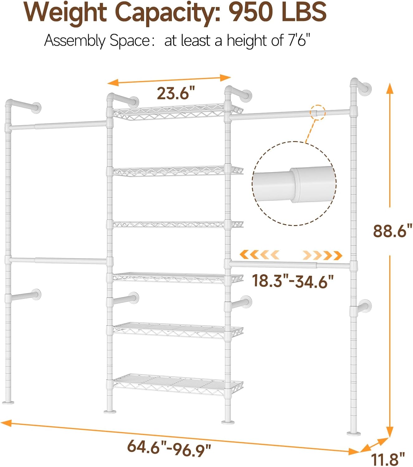 ONBRILL H3 Wall Mounted Closet System, Expandable Industrial Pipe Clothes Rack Clothing Rack for Hanging Clothes, Heavy Duty Closet Organizers and Storage in Wardrobe Closet, White