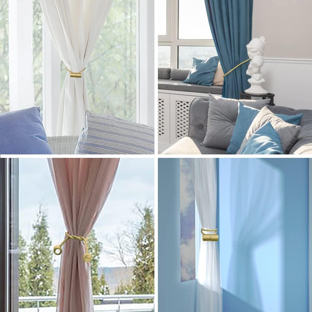 18 Inch Strong Magnetic Curtain Tiebacks, Curtain Holdbacks Modern Upgrade Strong 2021 New Twisted Style Decorative Drapery Rope Tie Backs(4 Pack Gold)