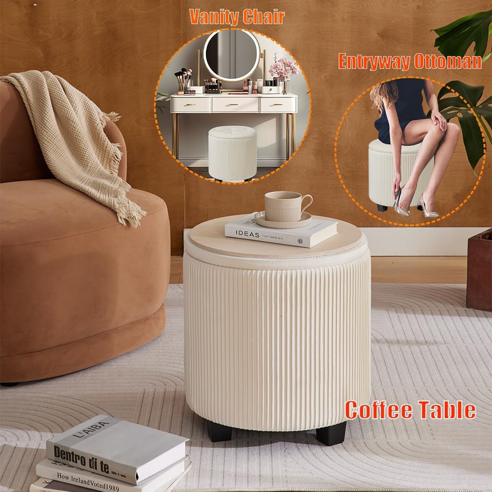 Big Round Ottoman with Storage Set of 2,Upholstered Velvet Vanity Stool for Makeup Multifunctional Foot Rest Coffee Table Padded Seat Tufted Ottomans for Living Room&Bedroom（White）