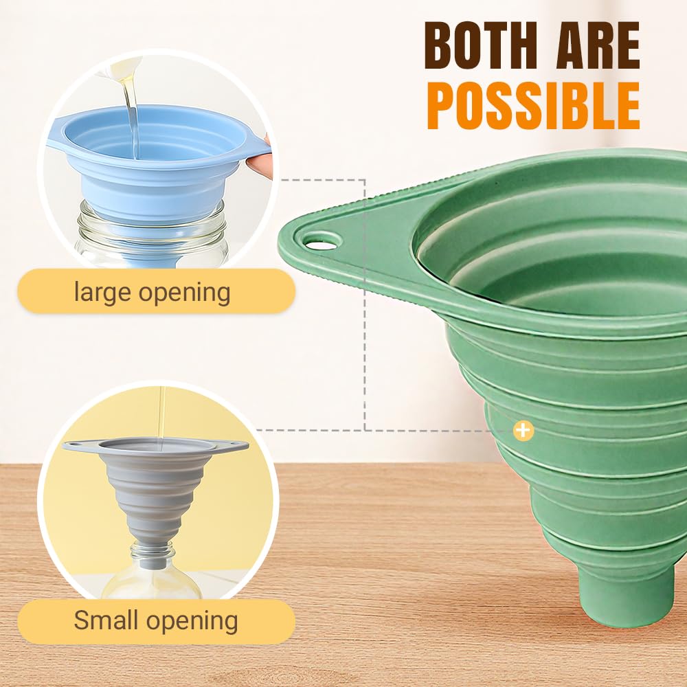 Kitchen Funnel Set, Wide-Mouth Foldable and Telescopic Design, Liquid Separation Funnel, Silicone (3 pcs)