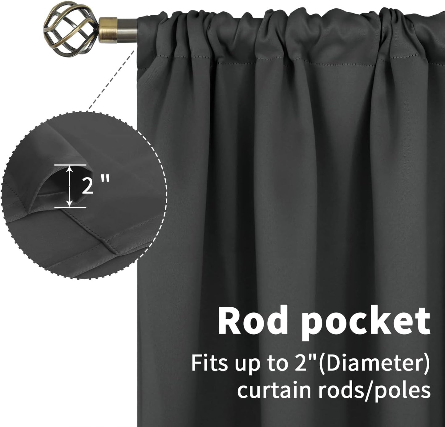 BGment Rod Pocket Blackout Curtains for Bedroom 72 Inch Long - Thermal Insulated Room Darkening Curtain for Living Room, 52 x 72 Inch, 2 Panels, Dark Grey