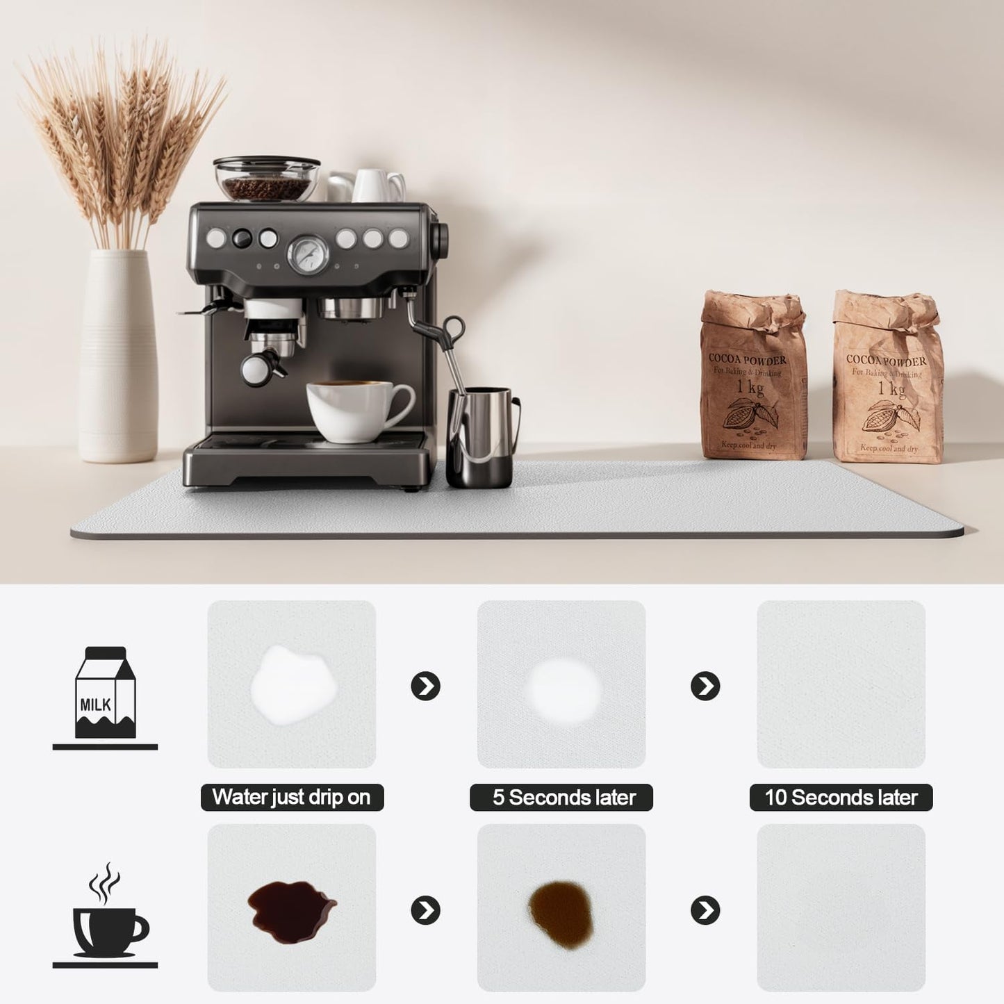 Dish Drying Mat for Kitchen Counter | Coffee Bar Mat for Countertops | Heat Resistant Drainer Mat with Non-slip Rubber Backed | Hide Stain Kitchen Absorbent Draining Mat | Light Grey 16"x18"