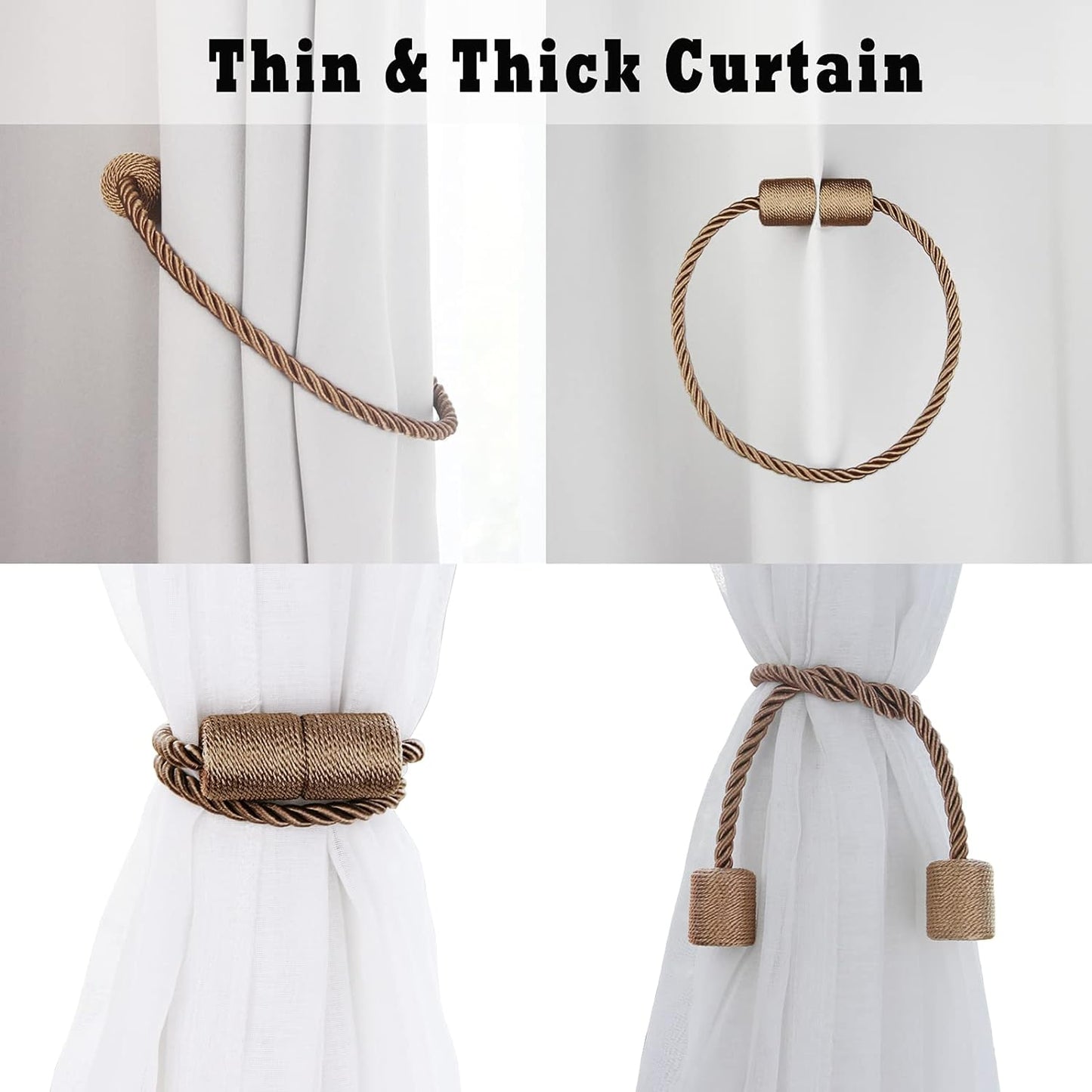 2 Pack Strong Magnetic Curtain Tiebacks Outdoor Elegant Decorative Tie Backs Modern Rope Tiebacks for Drapes Window Curtain Holdbacks for Draperies- Khaki