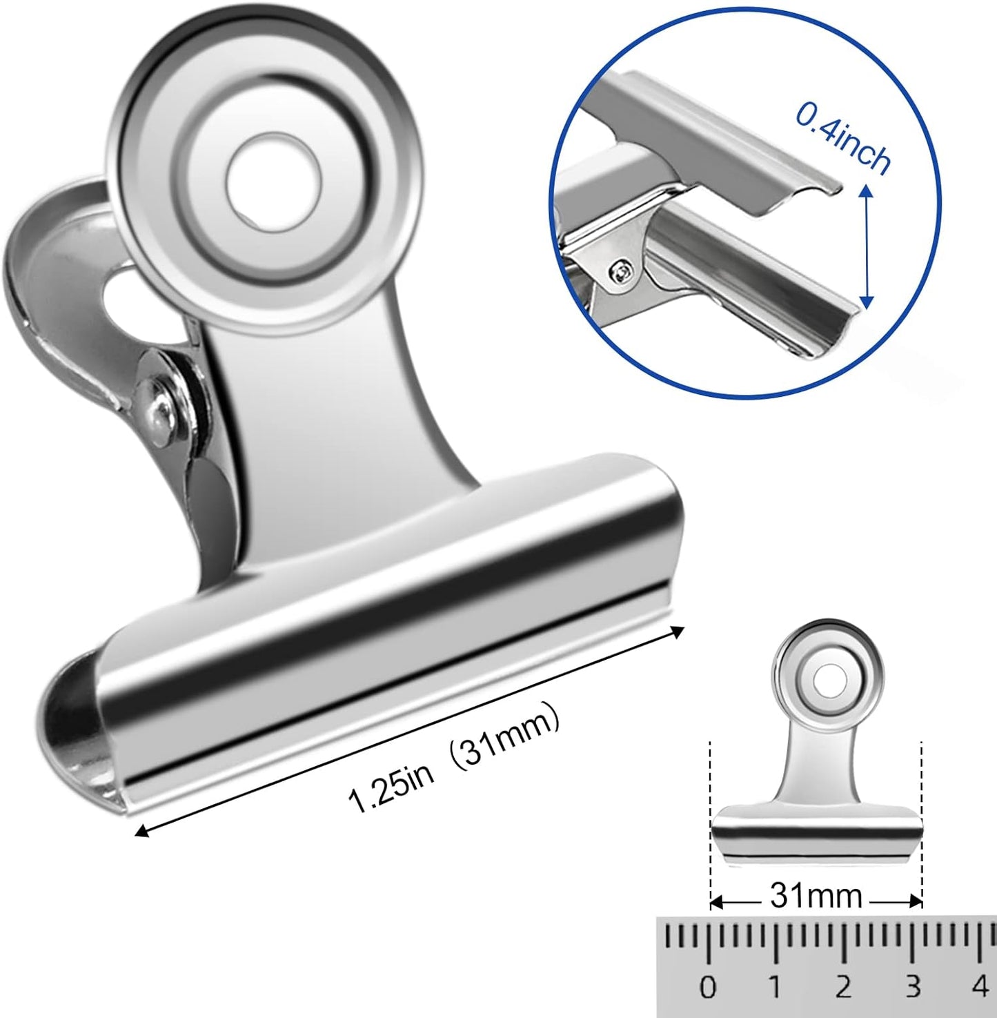 30 Pack Small Bull Clips 1.22 Inch Mini Metal Hinge Clips Binder Paper Hinge Clip for Office, Home, School, Shops, Silver, 31mm