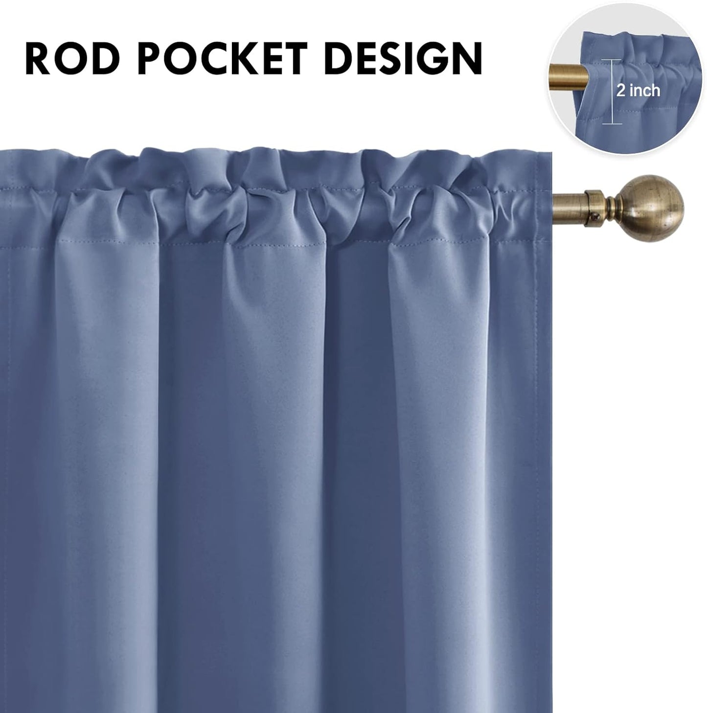DWCN Blackout Curtains – Thermal Insulated, Energy Saving & Noise Reducing Bedroom and Living Room Curtains, Dusty Blue, W 42x L 72 Inch, Set of 2 Rod Pocket Curtain Panels