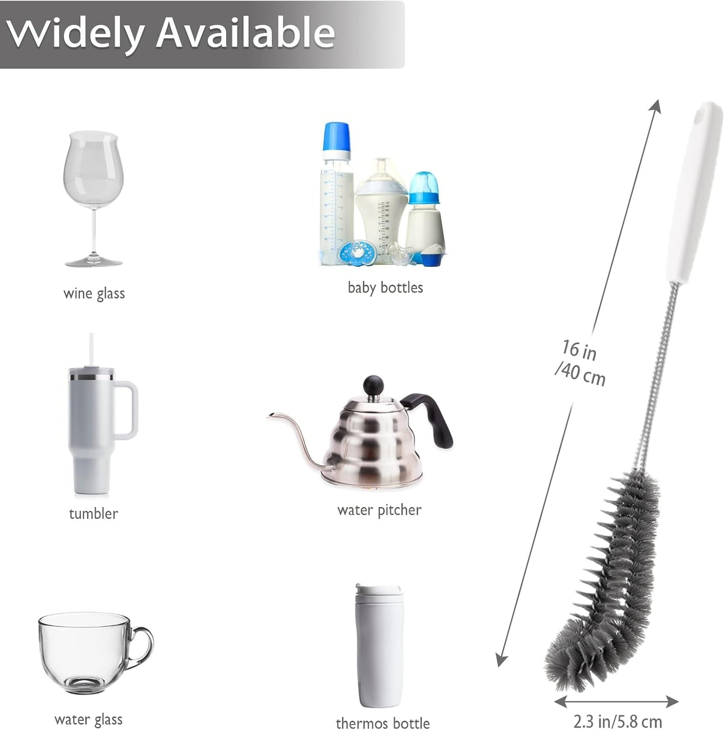 2-Pack 16 inches Long Handle Bottle Cleaning Brushes - Ideal for Coffee Glasses, Pots, Milk Cups, Mugs, Wine Bottles, and Baby Bottles (Black)