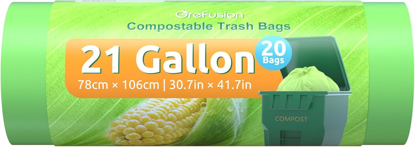 GreFusion Compostable Trash Bags 21 gallon,20 Count,Extra Thick 1.28 Mills,Fits13-25 gallon trash can, Extra Strong and thick,Compostable Lawn & Leaf Yard Waste bags,ASTM D6400,Bpi Certified