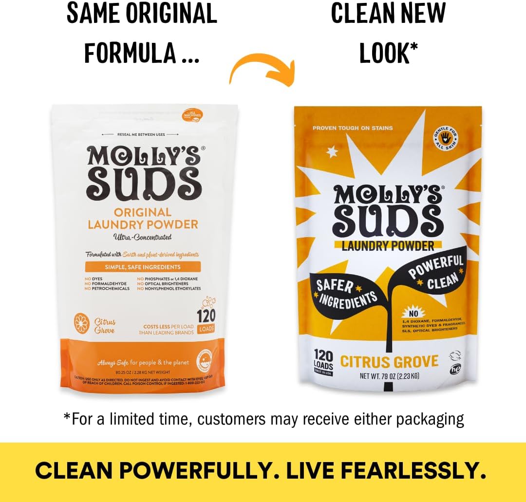 Molly's Suds Original Laundry Detergent Powder | Clean Laundry Detergent Powder for Sensitive Skin | Simple, Effective Ingredients, Stain Fighting | 120 Loads (Citrus Grove)