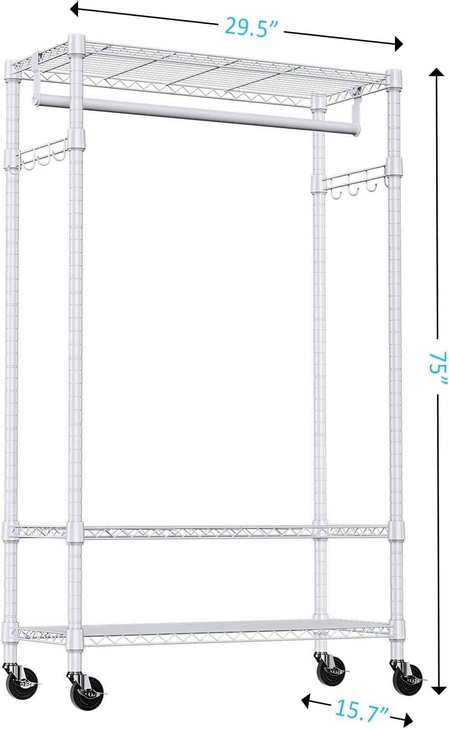 IZEUK Heavy Duty Rolling Garment Rack with 3 Adjustable Wire Shelves, Hanging Rod & Side Hooks - Mobile Clothes Rack with Wheels, 29.5" W x 15.7" D x 75" H, White