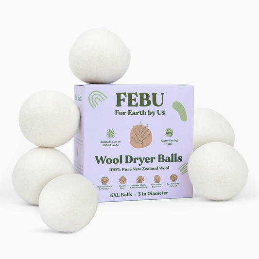 FEBU Wool Dryer Balls, 6-Pack, XL | 100% New Zealand Wool | Natural, Reusable Fabric Softener | Alternative to Dryer Sheets | Reduces Wrinkles, Shortens Drying Time, Zero Waste