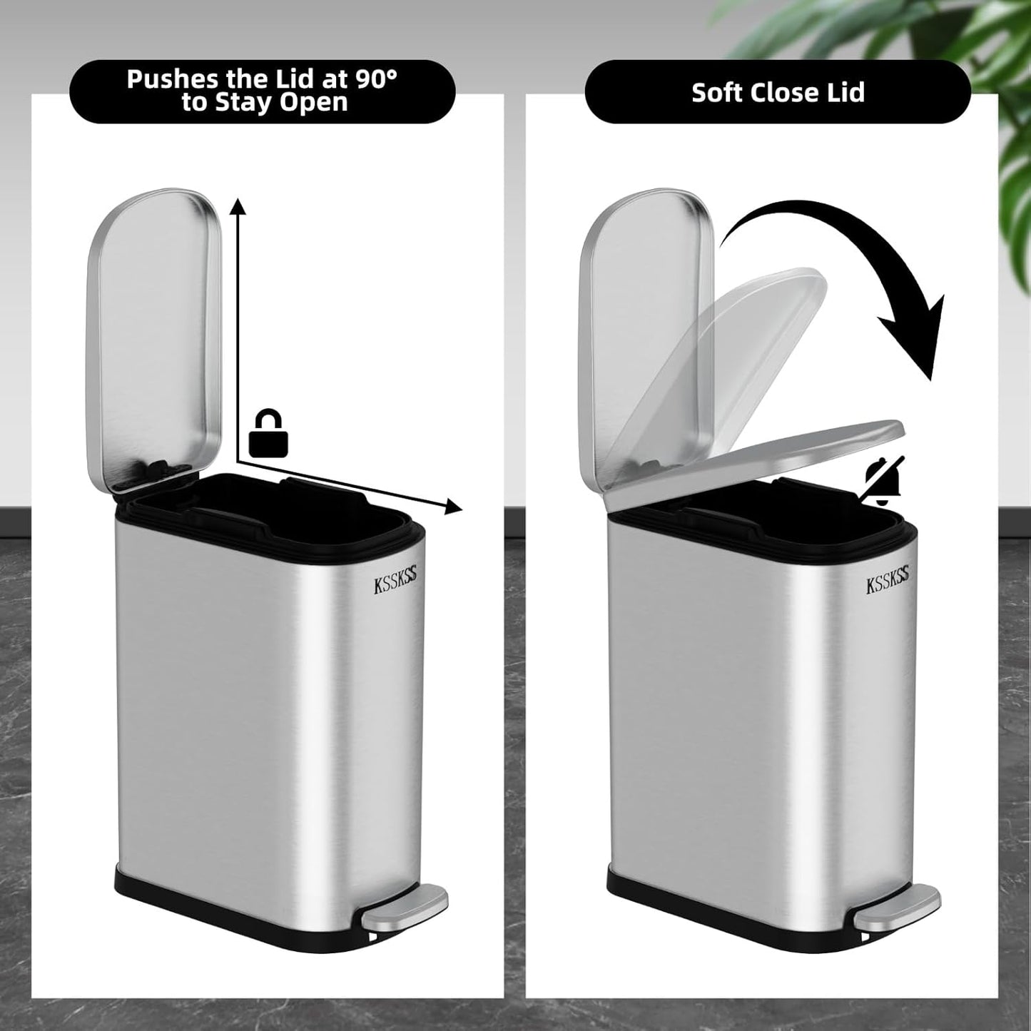 2.6 Gallon Slim Bathroom Trash Can with Soft Close Lid, 10L Stainless Steel Garbage Can with Removable Liner Bucket, for Narrow Spaces,Bathroom, Bedroom (Silver)